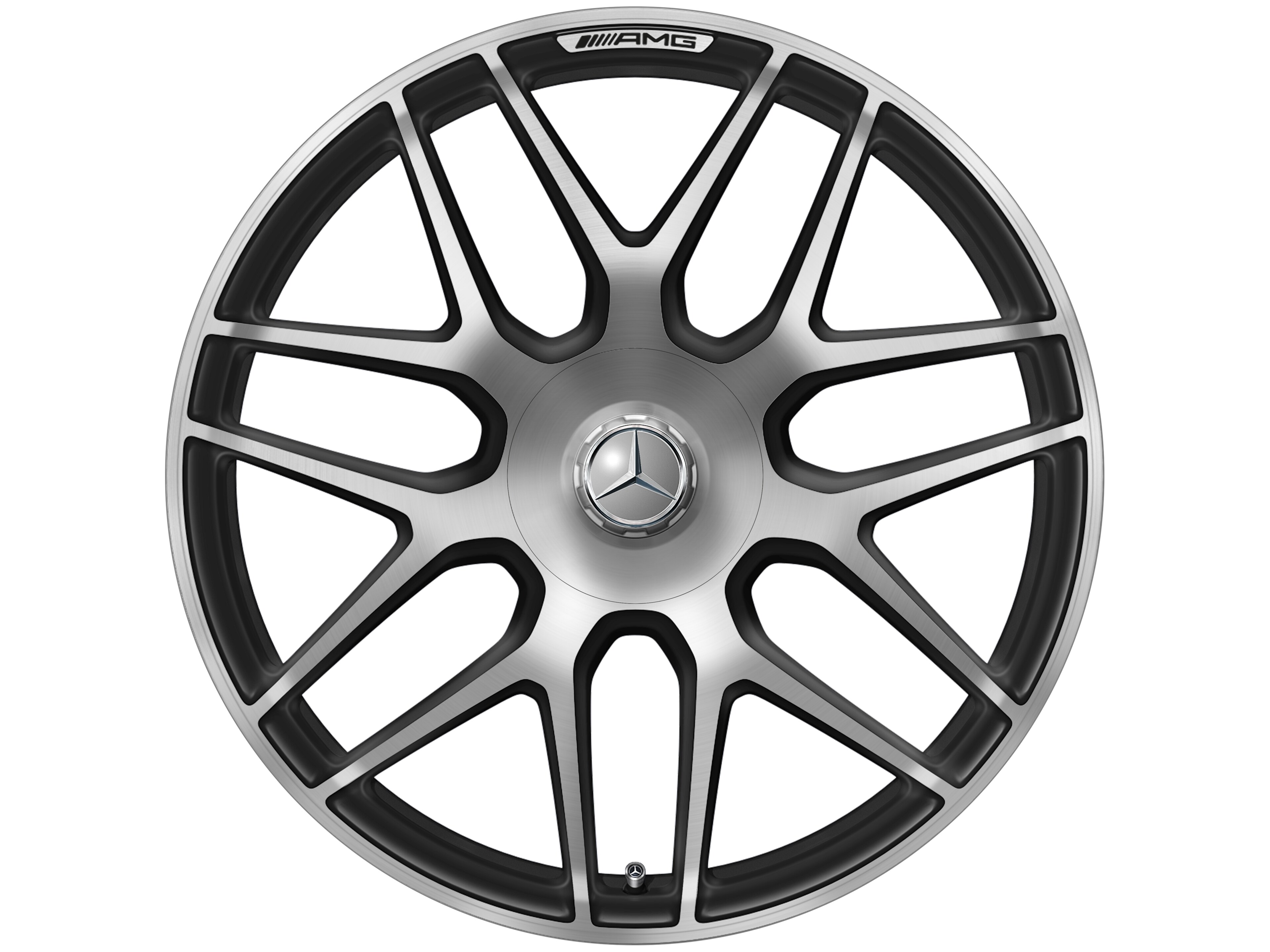 Llanta forjada AMG en diseño de radios cruzados, 55,9 cm (22 pulgadas) - 10 J x 22 ET 36, negro mate, pulido a alto brillo