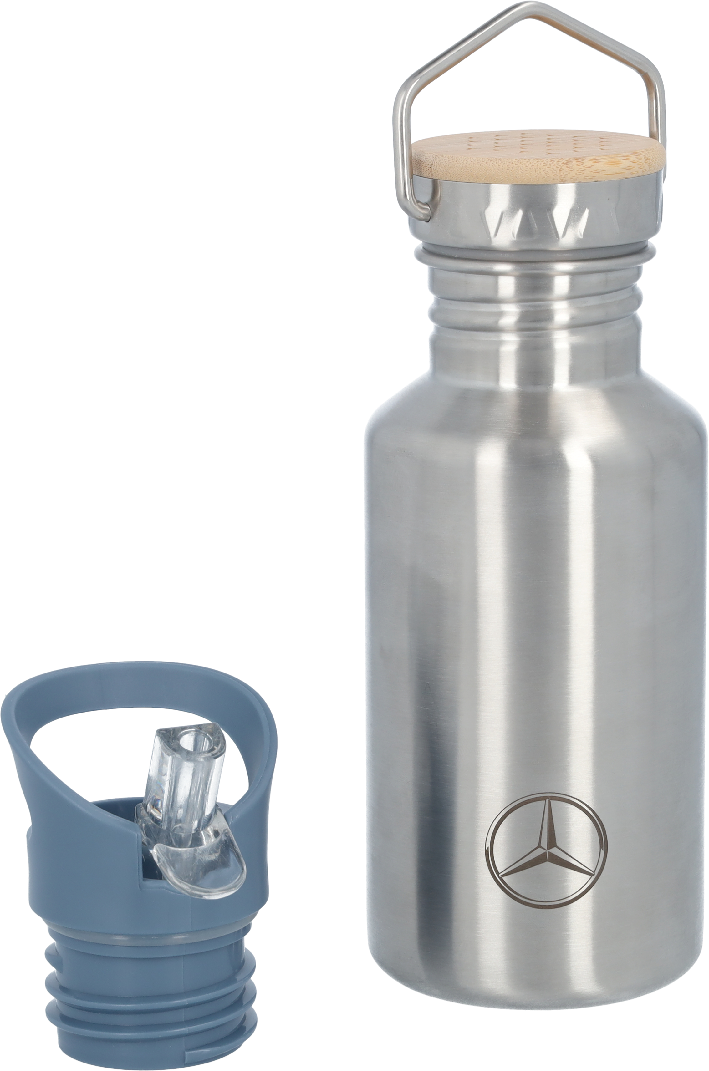 Bidón para niños, Mercedes-Benz - plata / azul, Acero inoxidable / Bambú / Polipropileno, Lässig