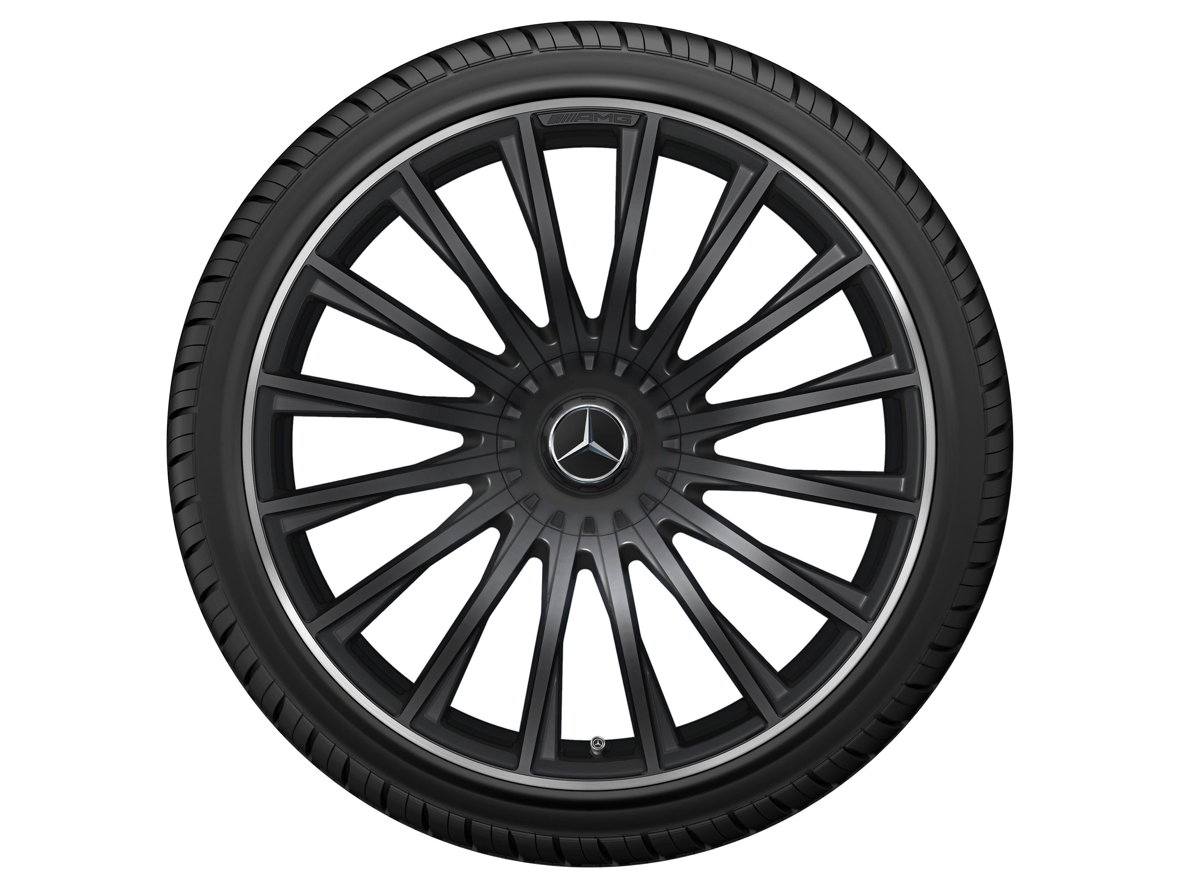 Llanta forjada AMG en diseño multirradio, 53,3 cm (21 pulgadas), Pestaña de la llanta diamantada brillante - 10,5 J x 21 ET 50, negro mate, Pestaña de la llanta pulida a alto brillo