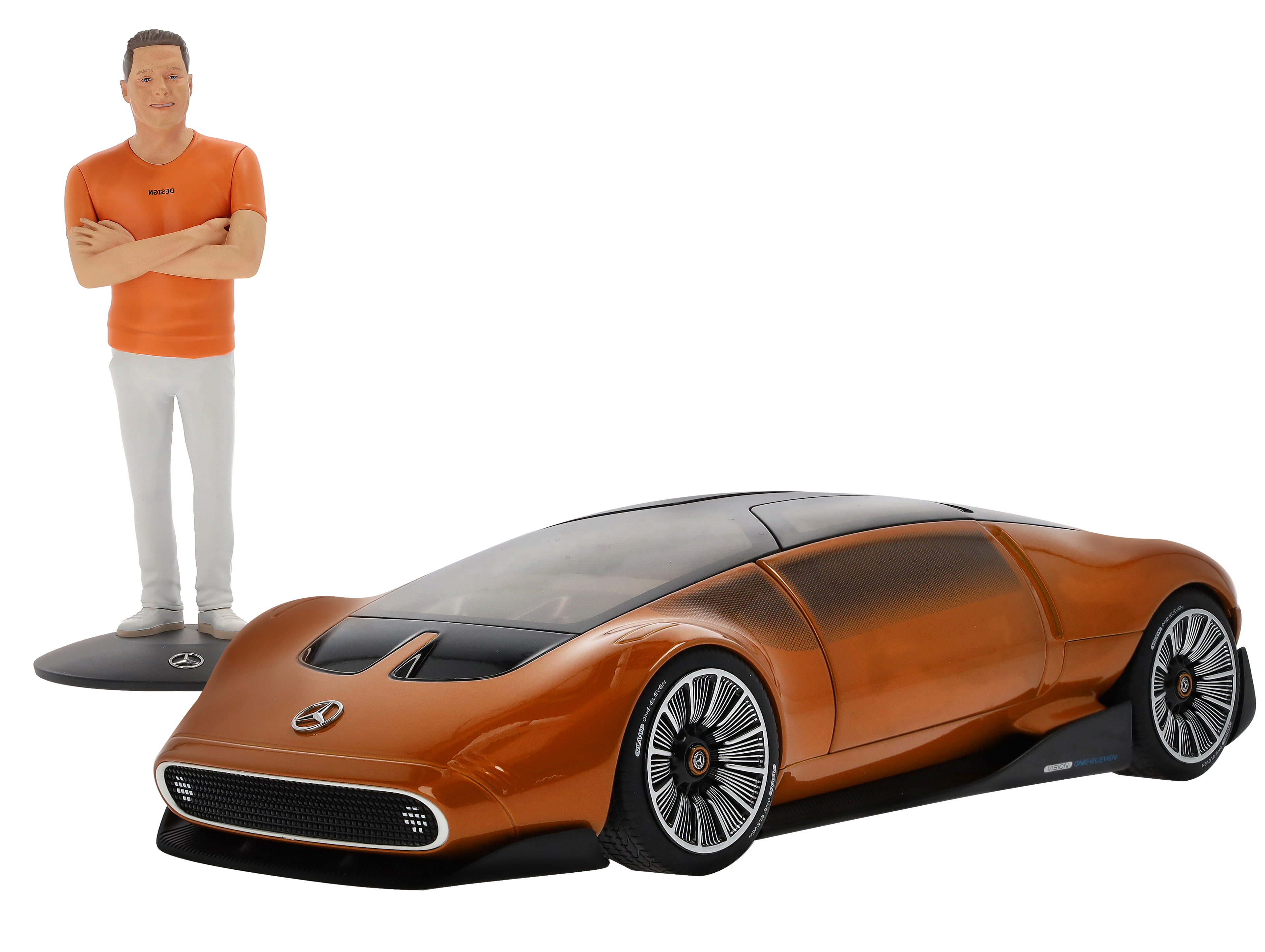 Kit Vision One-Eleven con figurita, Vehículo de exposición - naranja, NZG, 1:18