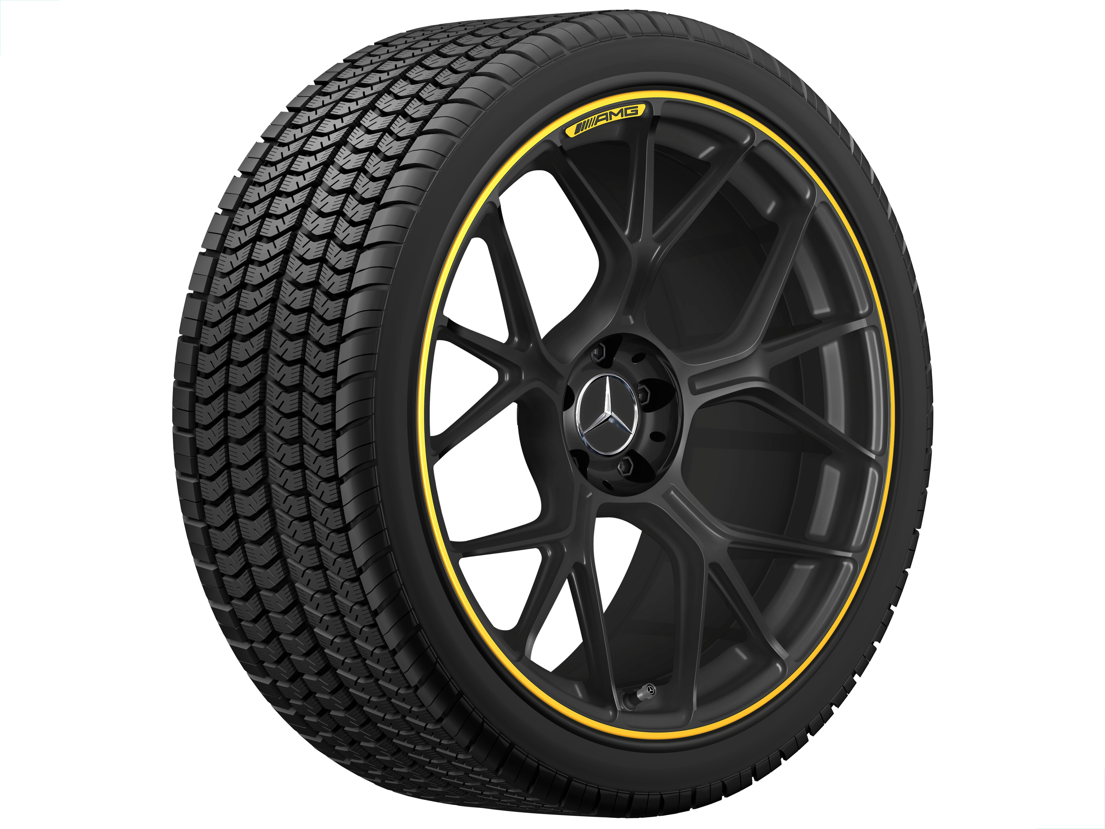 Llanta forjada AMG en diseño de radios cruzados, 50,8 cm (20 pulgadas) - 11 J x 20 ET 24,1, negro mate / amarillo vivo, pulido a alto brillo