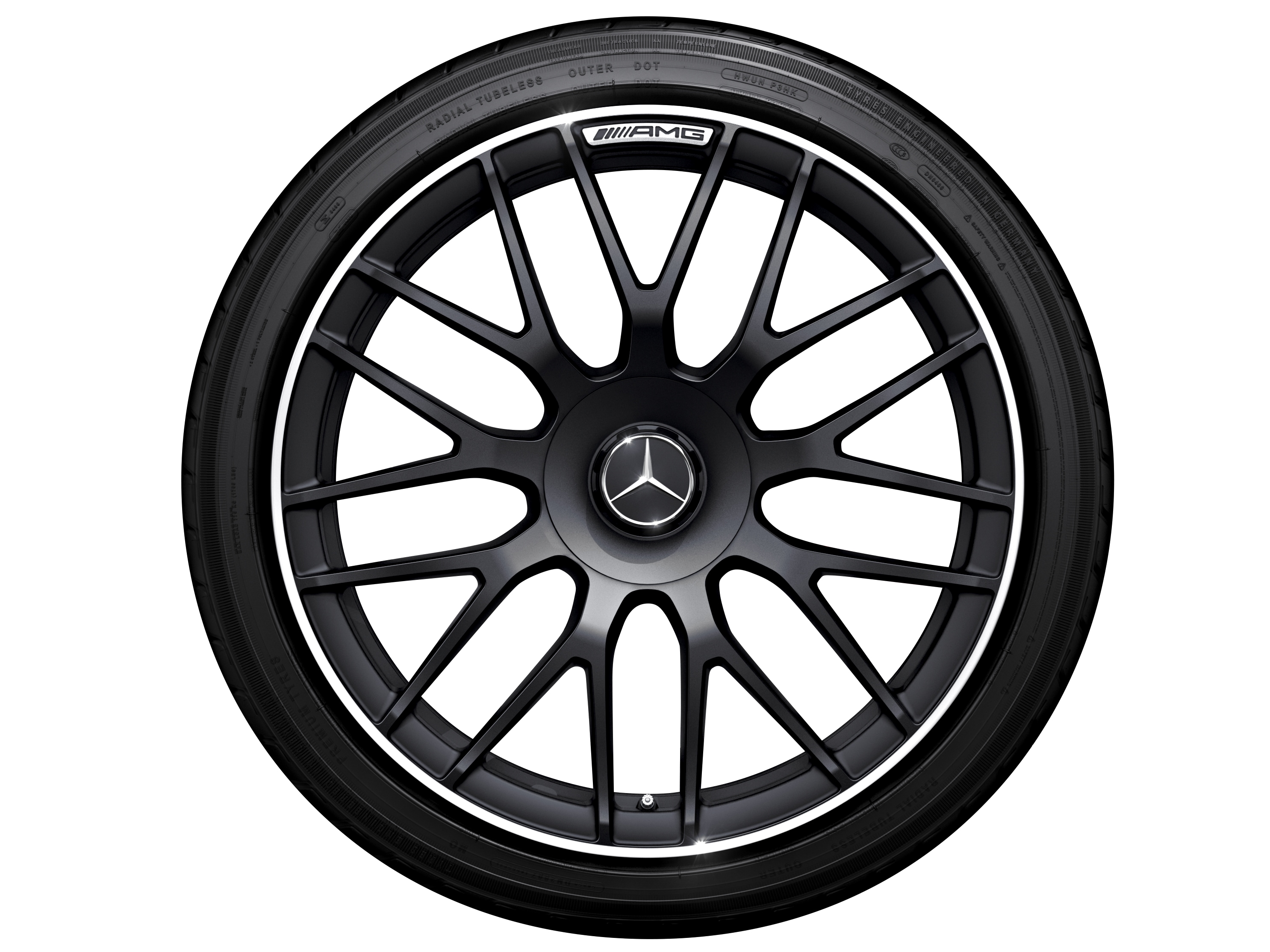 Llanta forjada AMG en diseño de radios cruzados, 48,3 cm (19 pulgadas), Pestaña de la llanta diamantada brillante - 9,5 J x 19 ET 56, negro mate