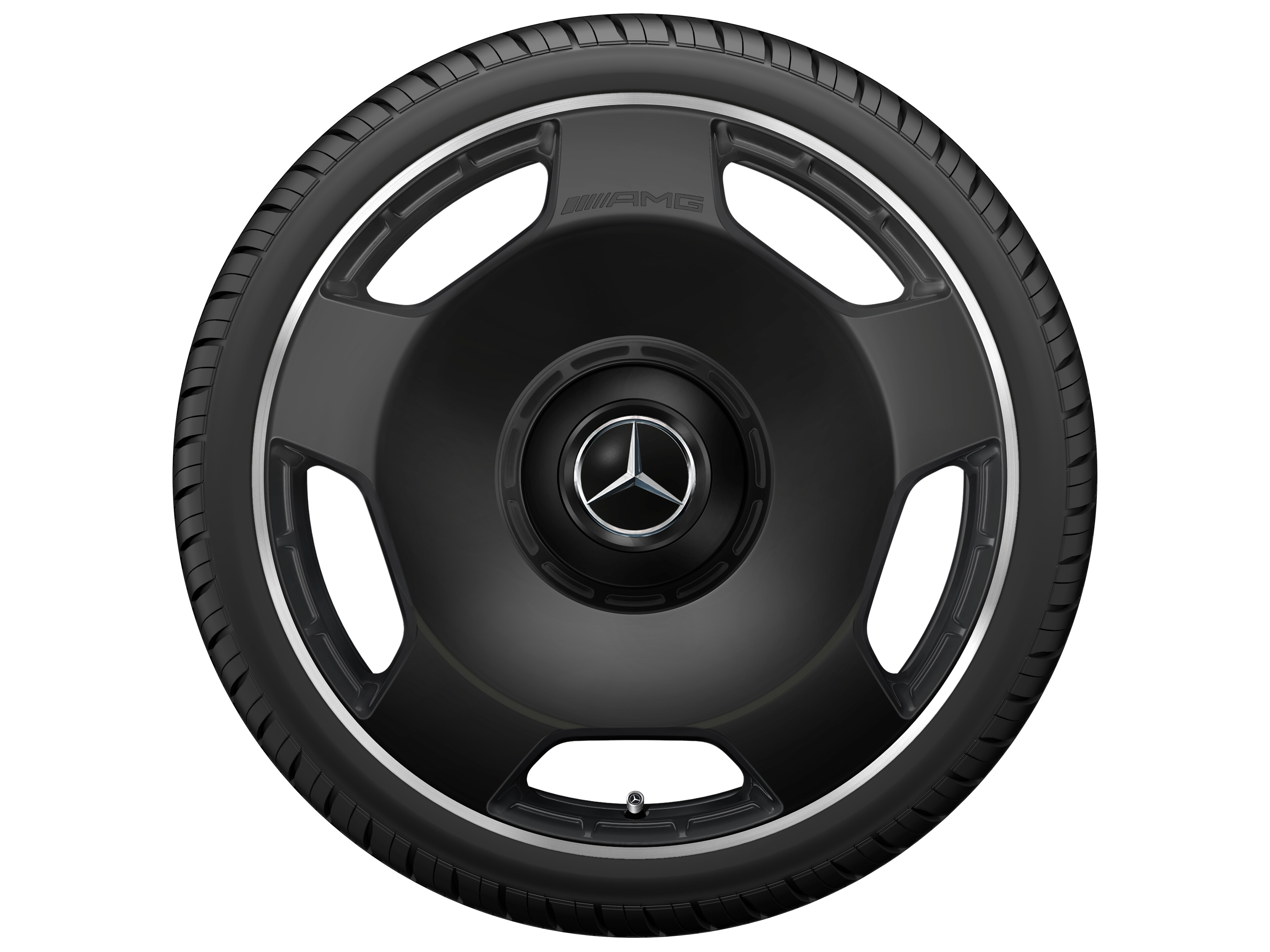 Llanta forjada AMG en diseño de 5 orificios, 55,9 cm (22 pulgadas), Pestaña de la llanta diamantada brillante - 10 J x 22 ET 36, negro mate, Pestaña de la llanta pulida a alto brillo