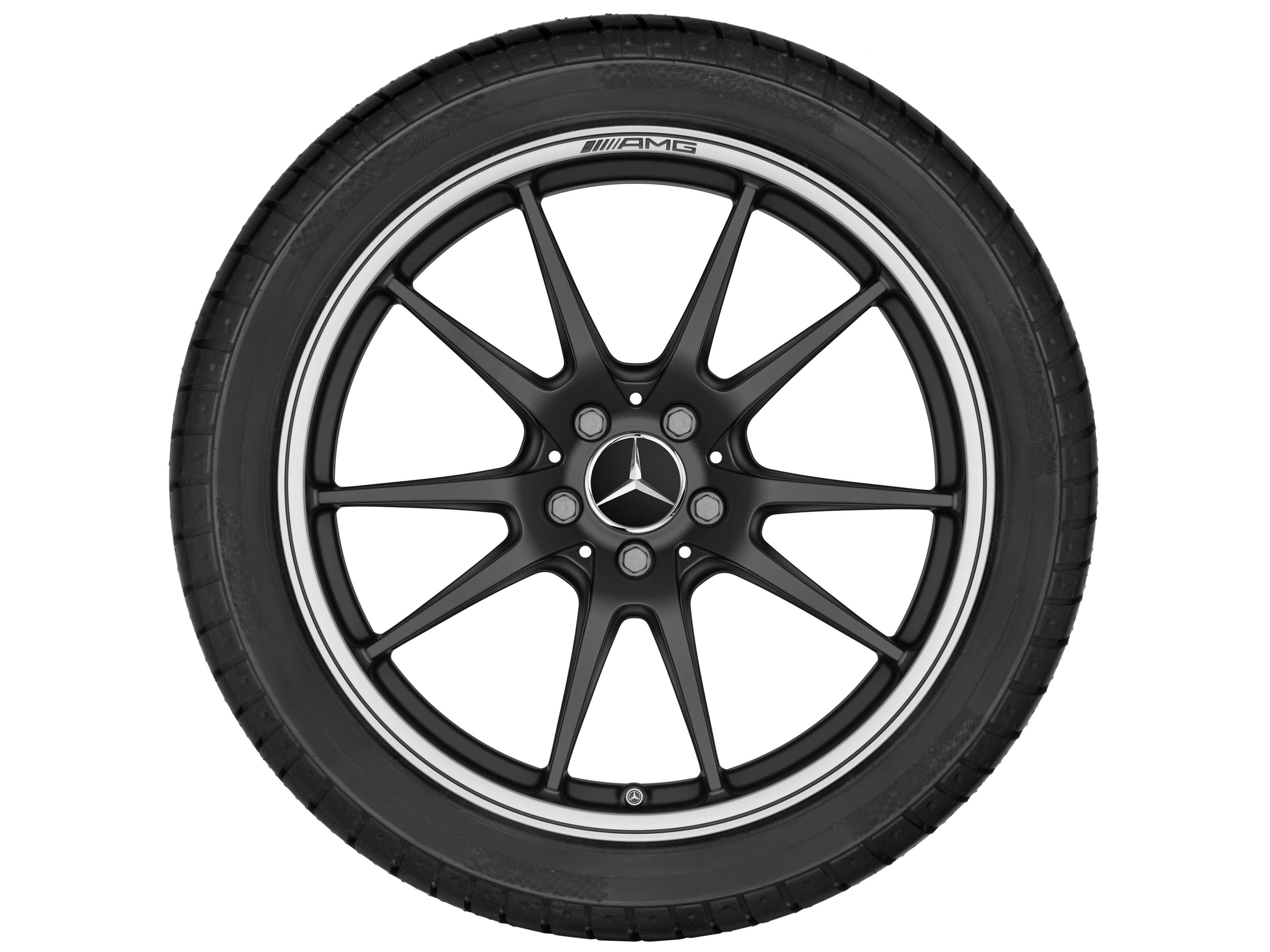 Llanta forjada AMG en diseño de 5 radios dobles, 50,8 cm (20 pulgadas), Pestaña de la llanta diamantada brillante - 10,5 J x 20 ET 57, negro mate, pulido a alto brillo