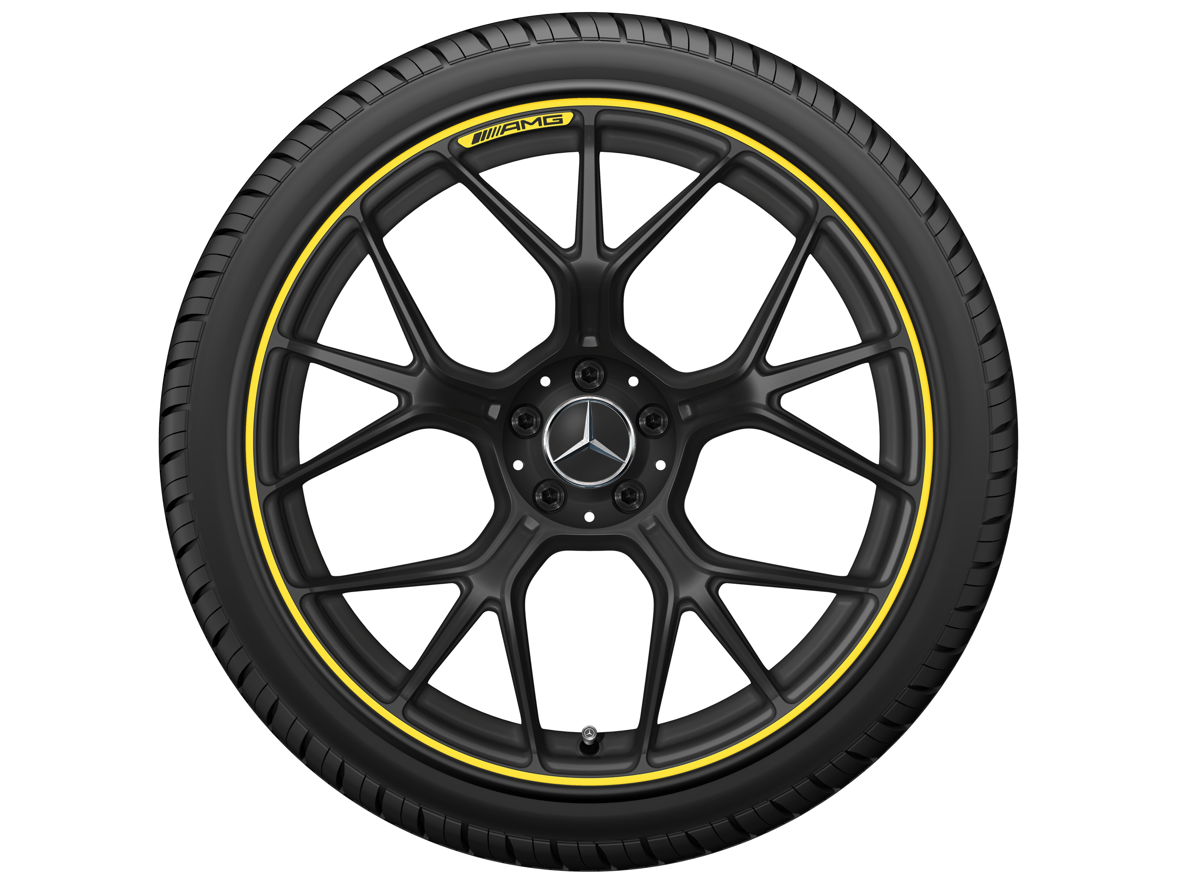 Llanta forjada AMG en diseño de radios cruzados, 50,8 cm (20 pulgadas) - 11 J x 20 ET 24,1, negro mate / amarillo vivo, pulido a alto brillo