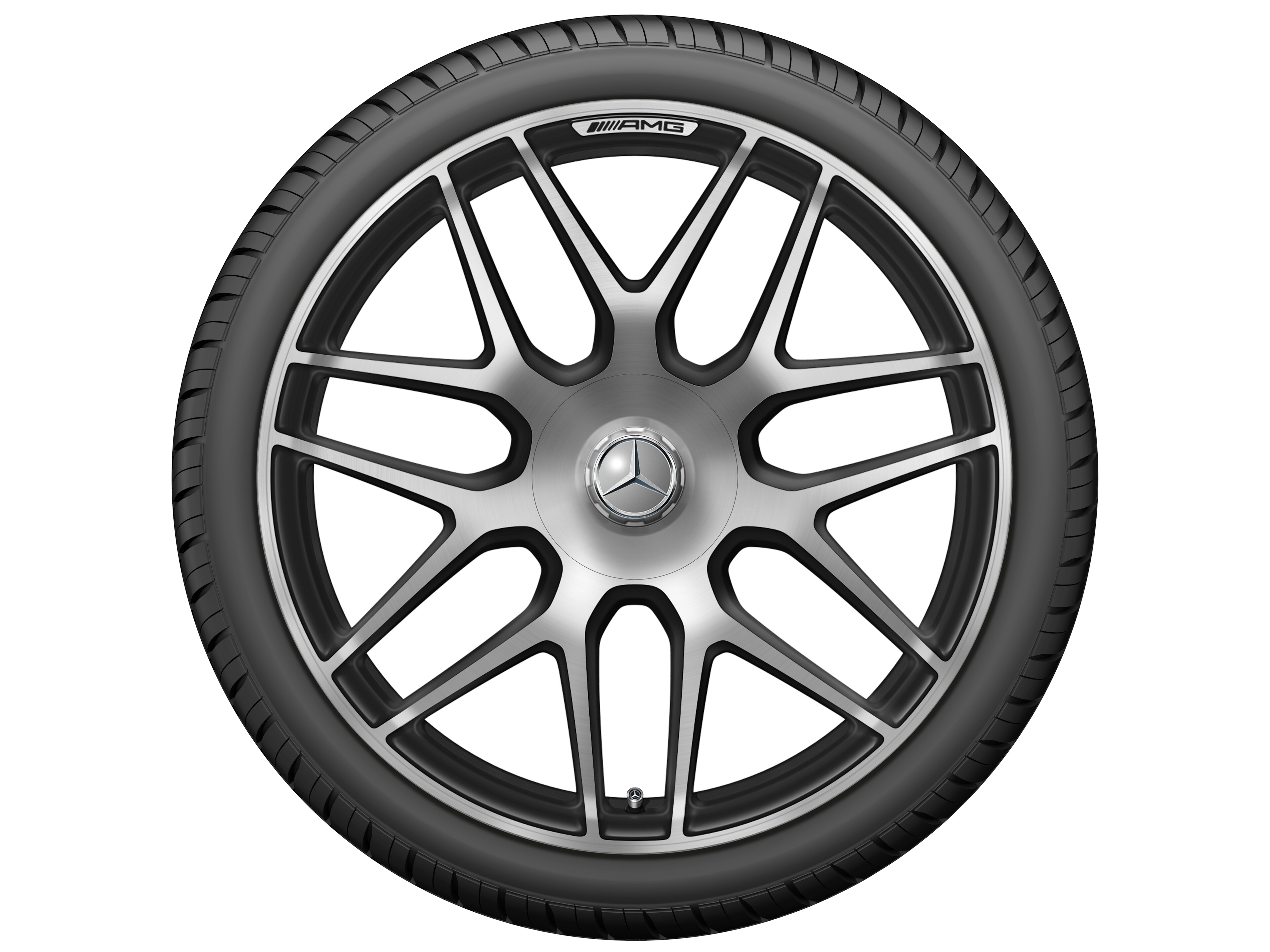 Llanta forjada AMG en diseño de radios cruzados, 55,9 cm (22 pulgadas) - 10 J x 22 ET 36, negro mate, pulido a alto brillo