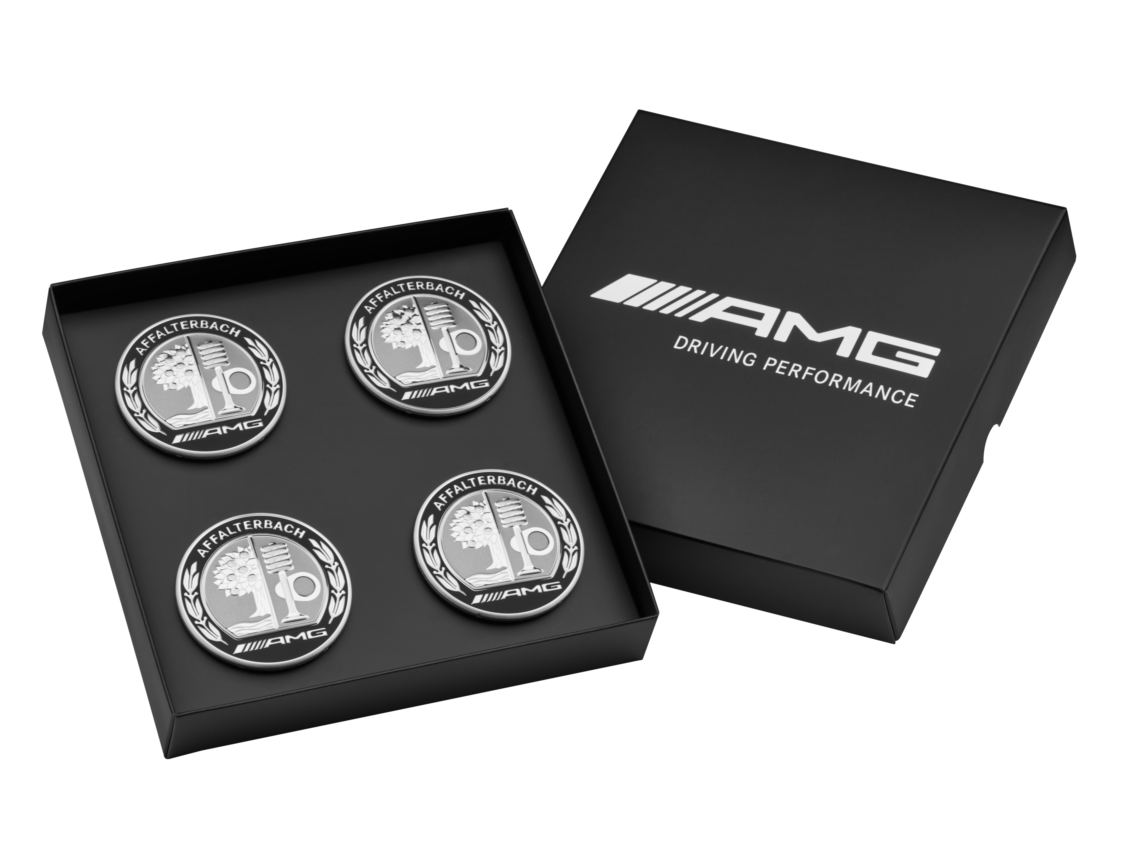 Tapacubos AMG, con escudo AMG, Juego de 4 unidades, Para un orificio de centrado con un diámetro de 66,8 mm - plata / negro