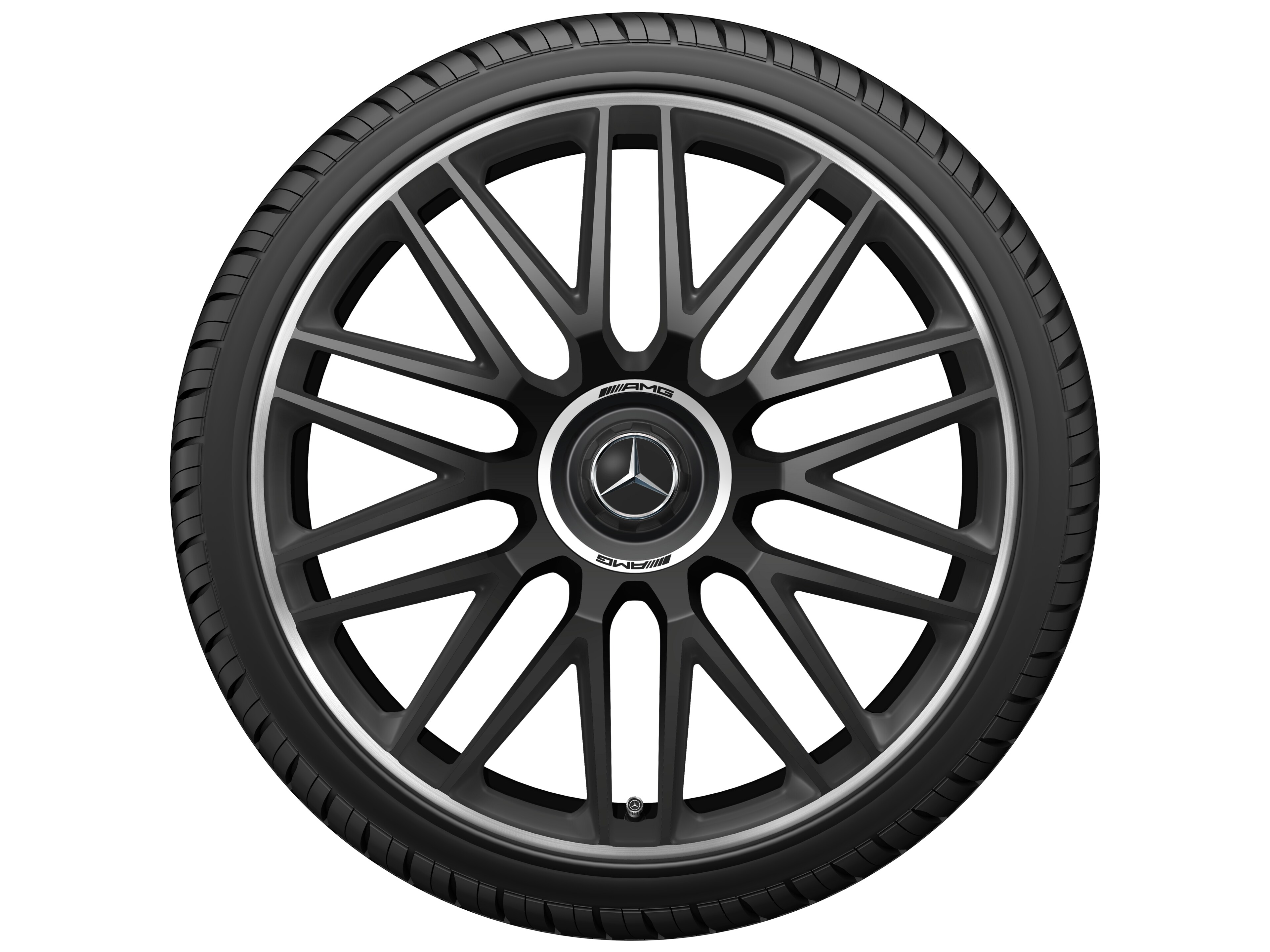 Llanta forjada AMG en diseño de 10 radios dobles, 53,3 cm (21 pulgadas), Pestaña de la llanta diamantada brillante - 10,5 J x 21 ET 42, negro mate, Pestaña de la llanta pulida a alto brillo