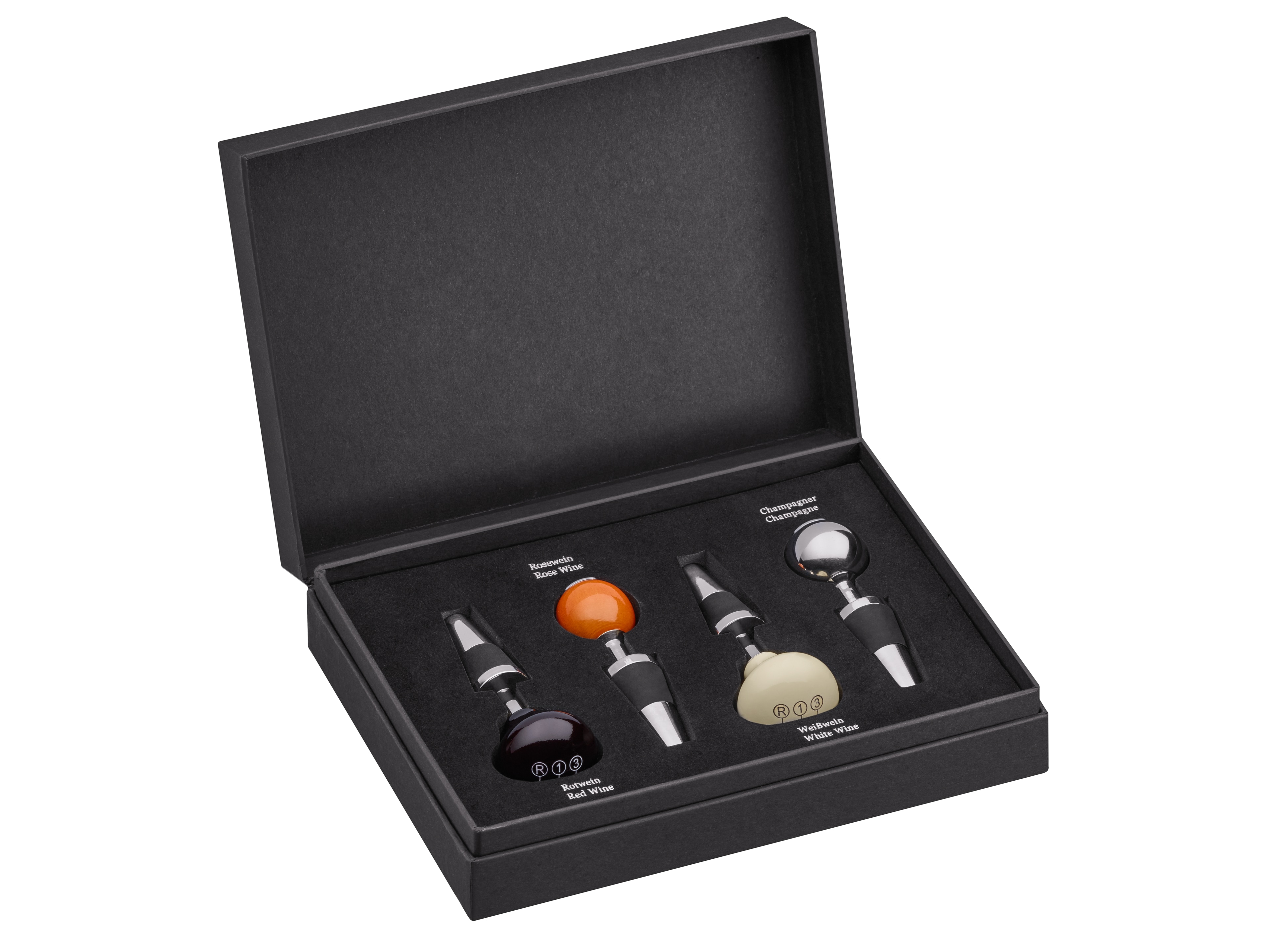 Tapones para botellas de vino, Juego de 4 unidades - plata / marfil / rojo vino, Acero inoxidable / Madera