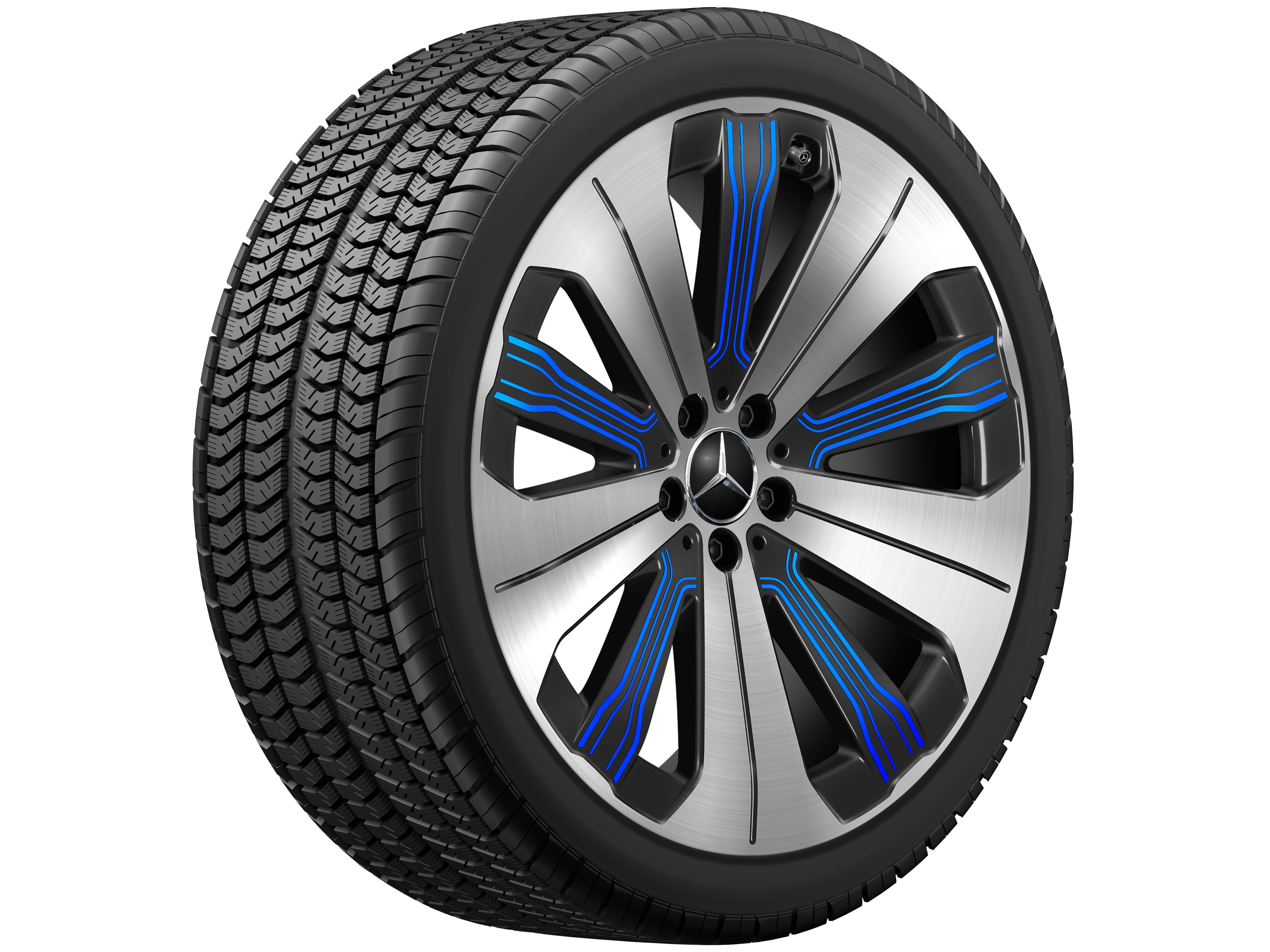 Llanta de 10 radios, Diseño aerodinámico, 53,3 cm (21 pulgadas), diamantada brillante - 9,5 J x 21 ET 41,5, negro / azul, pulido a alto brillo