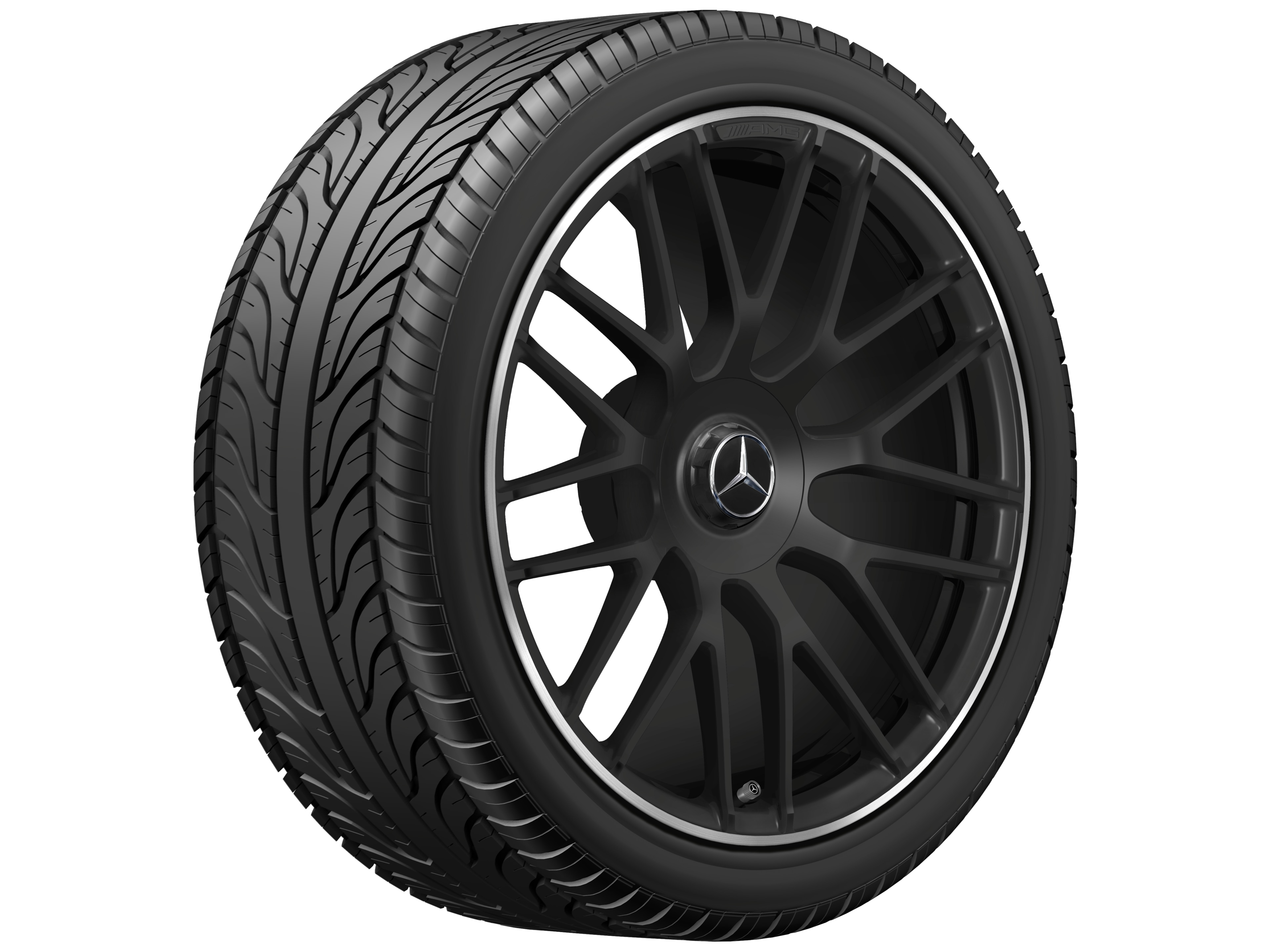 Llanta forjada AMG en diseño de radios cruzados, 48,3 cm (19 pulgadas), Pestaña de la llanta diamantada brillante - 8,5 J x 19 ET 38, negro mate, Pestaña de la llanta pulida a alto brillo