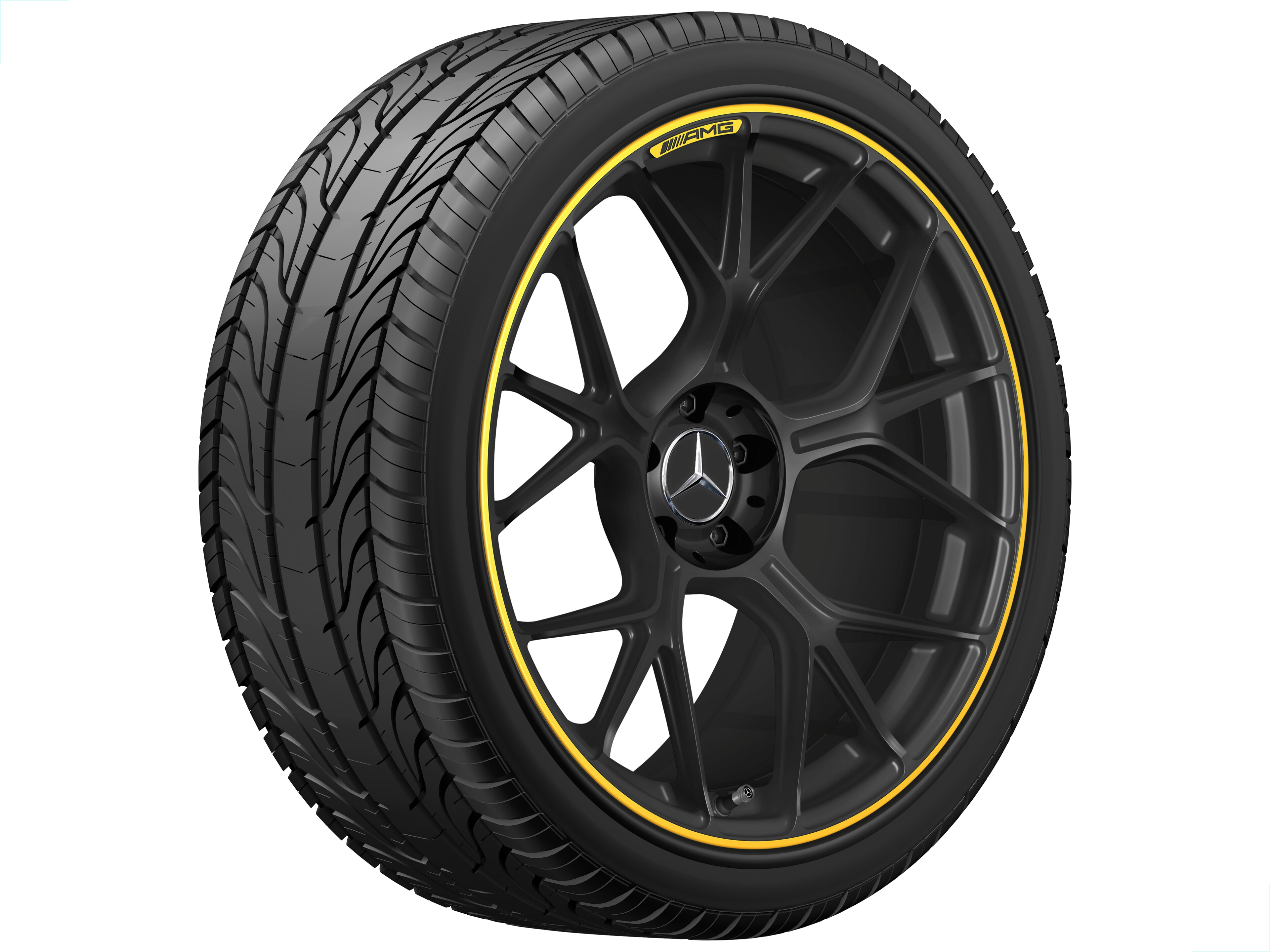 Llanta forjada AMG en diseño de radios cruzados, 50,8 cm (20 pulgadas) - 11 J x 20 ET 24,1, negro mate / amarillo vivo, pulido a alto brillo