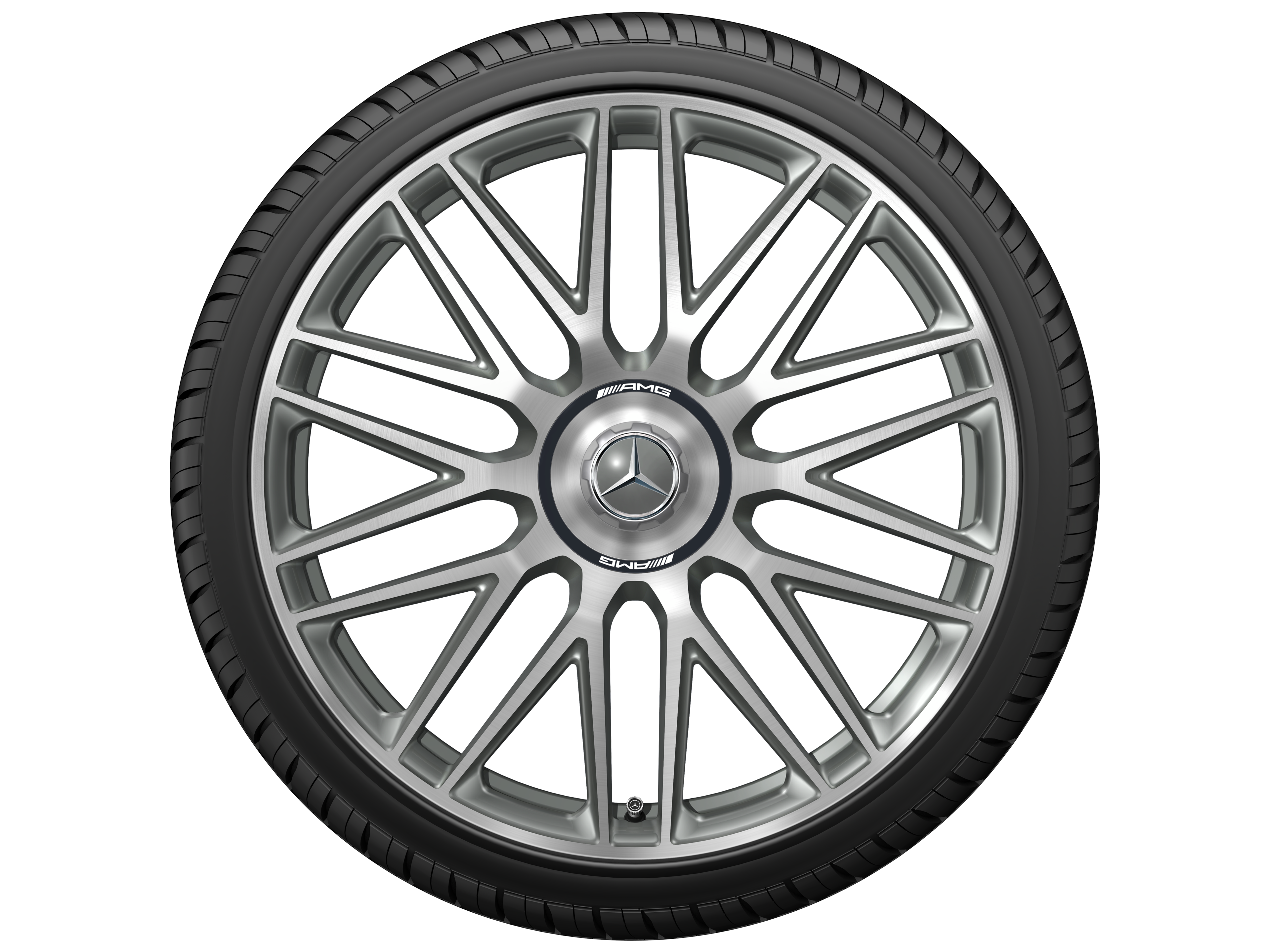 Llanta forjada AMG en diseño de 10 radios dobles, 53,3 cm (21 pulgadas) - 10,5 J x 21 ET 42, gris titanio, pulido a alto brillo