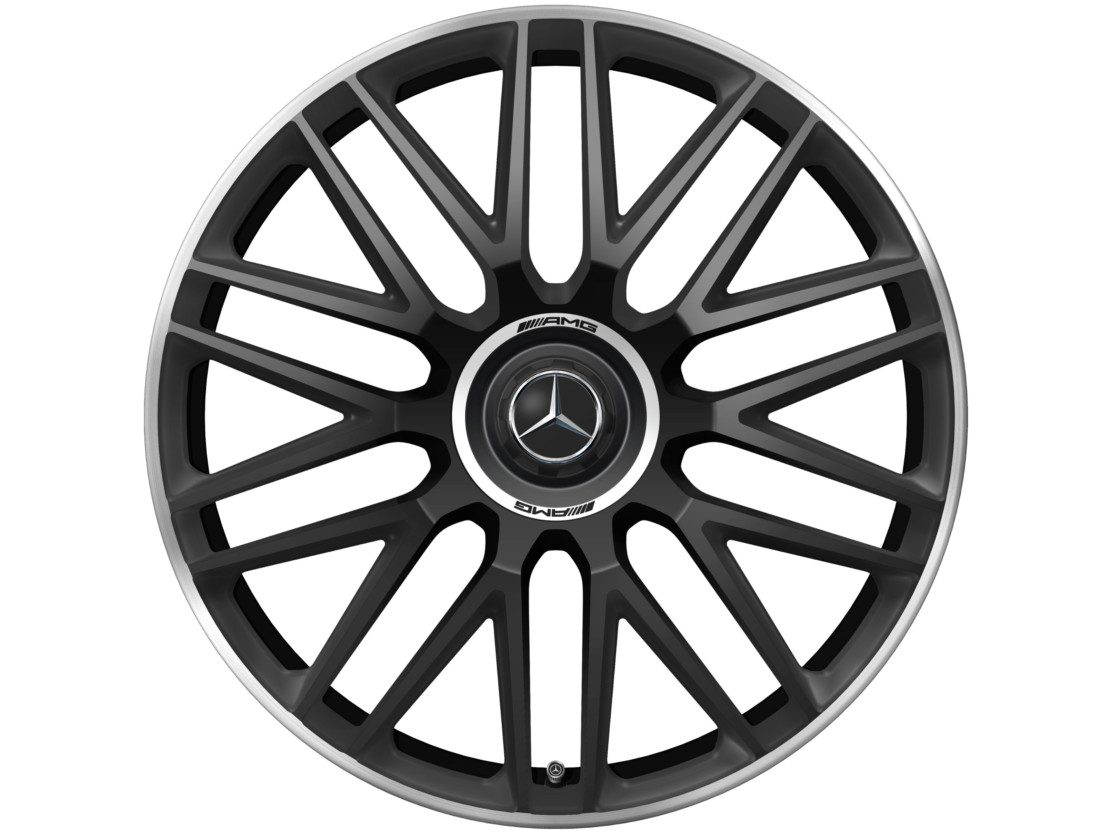Llanta forjada AMG en diseño de 10 radios dobles, 53,3 cm (21 pulgadas), Pestaña de la llanta diamantada brillante - 10,5 J x 21 ET 42, negro mate, Pestaña de la llanta pulida a alto brillo