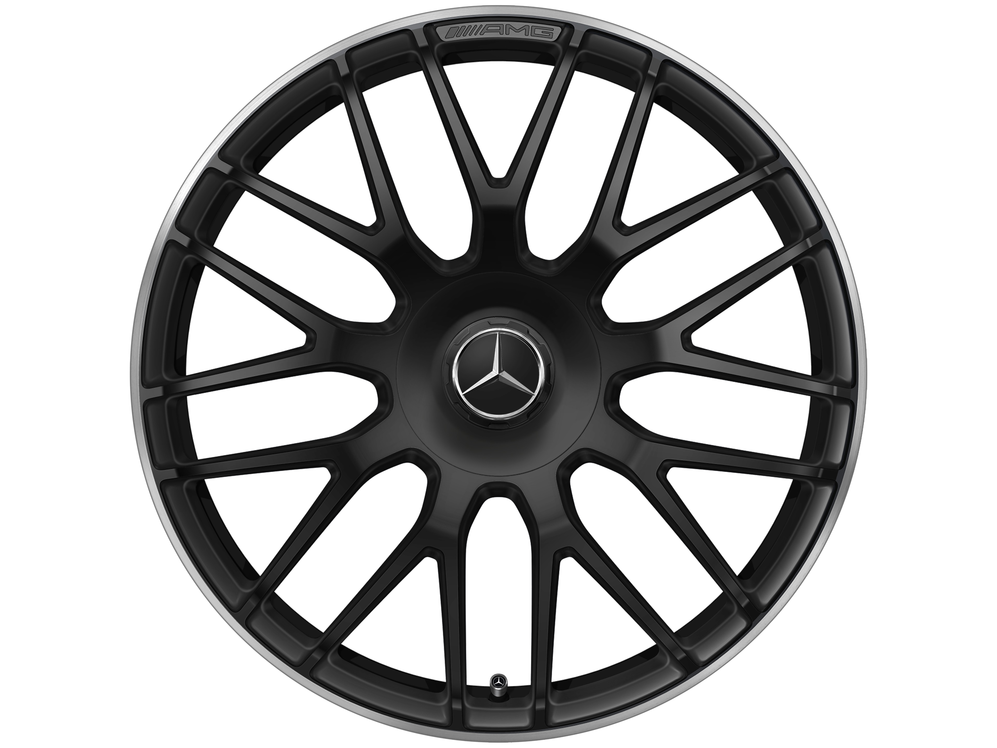 Llanta forjada AMG en diseño de radios cruzados, 48,3 cm (19 pulgadas), Pestaña de la llanta diamantada brillante - 8,5 J x 19 ET 38, negro mate, Pestaña de la llanta pulida a alto brillo