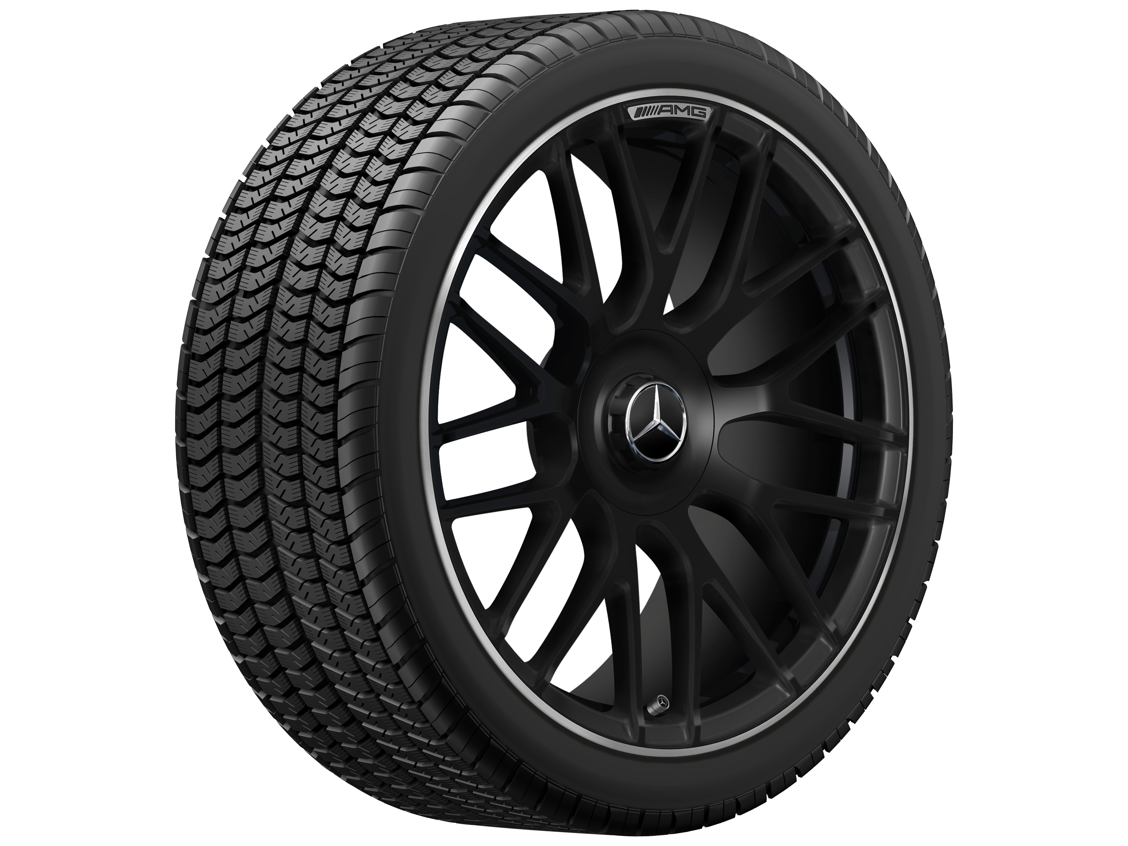 Llanta forjada AMG en diseño de radios cruzados, 48,3 cm (19 pulgadas), Pestaña de la llanta diamantada brillante - 8,5 J x 19 ET 38, negro mate, Pestaña de la llanta pulida a alto brillo