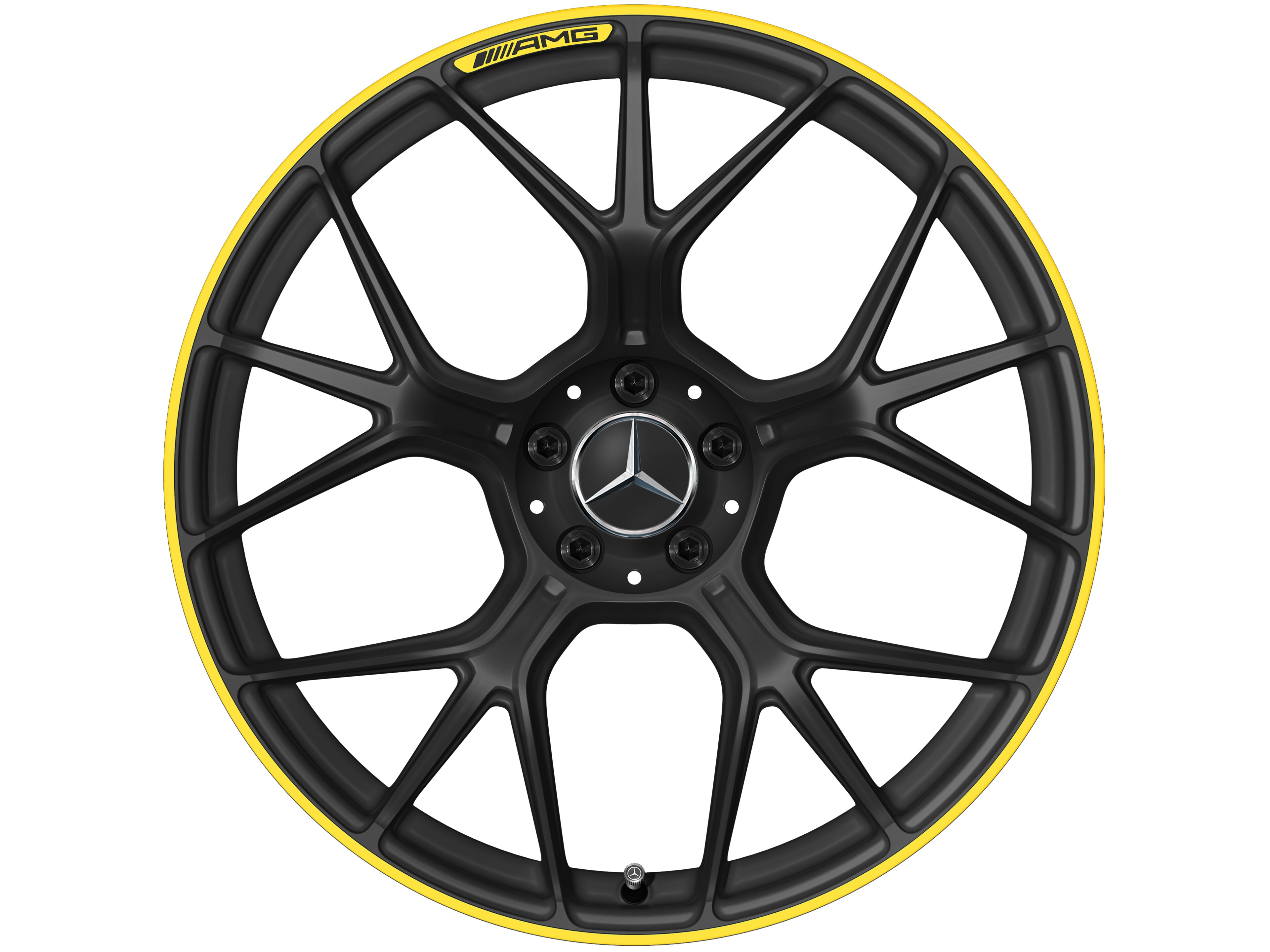 Llanta forjada AMG en diseño de radios cruzados, 50,8 cm (20 pulgadas) - 11 J x 20 ET 24,1, negro mate / amarillo vivo, pulido a alto brillo