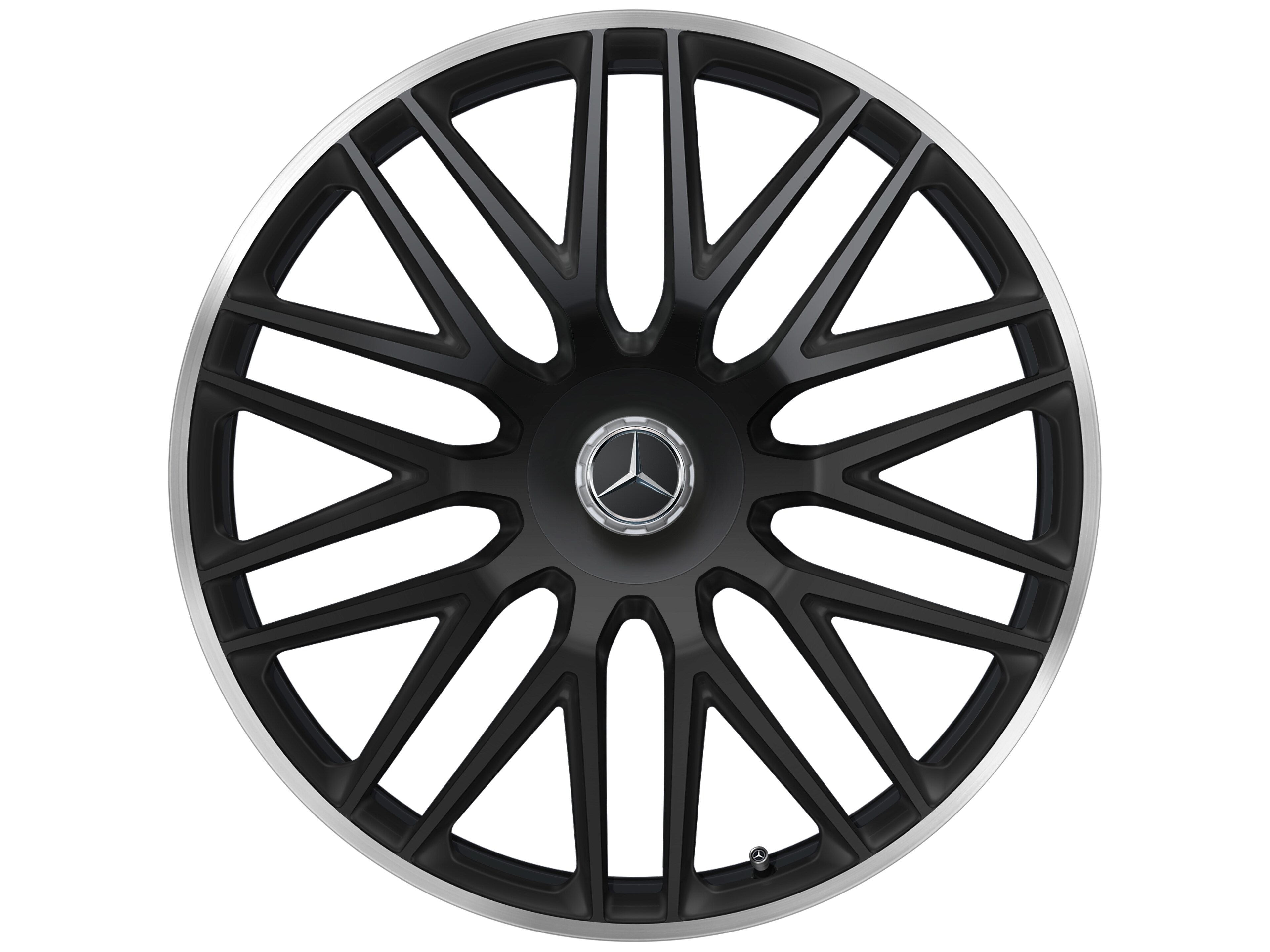 Llanta forjada AMG en diseño multirradio, 58,4 cm (23 pulgadas), Pestaña de la llanta diamantada brillante - 11,5 J x 23 ET 47, negro mate, Pestaña de la llanta pulida a alto brillo