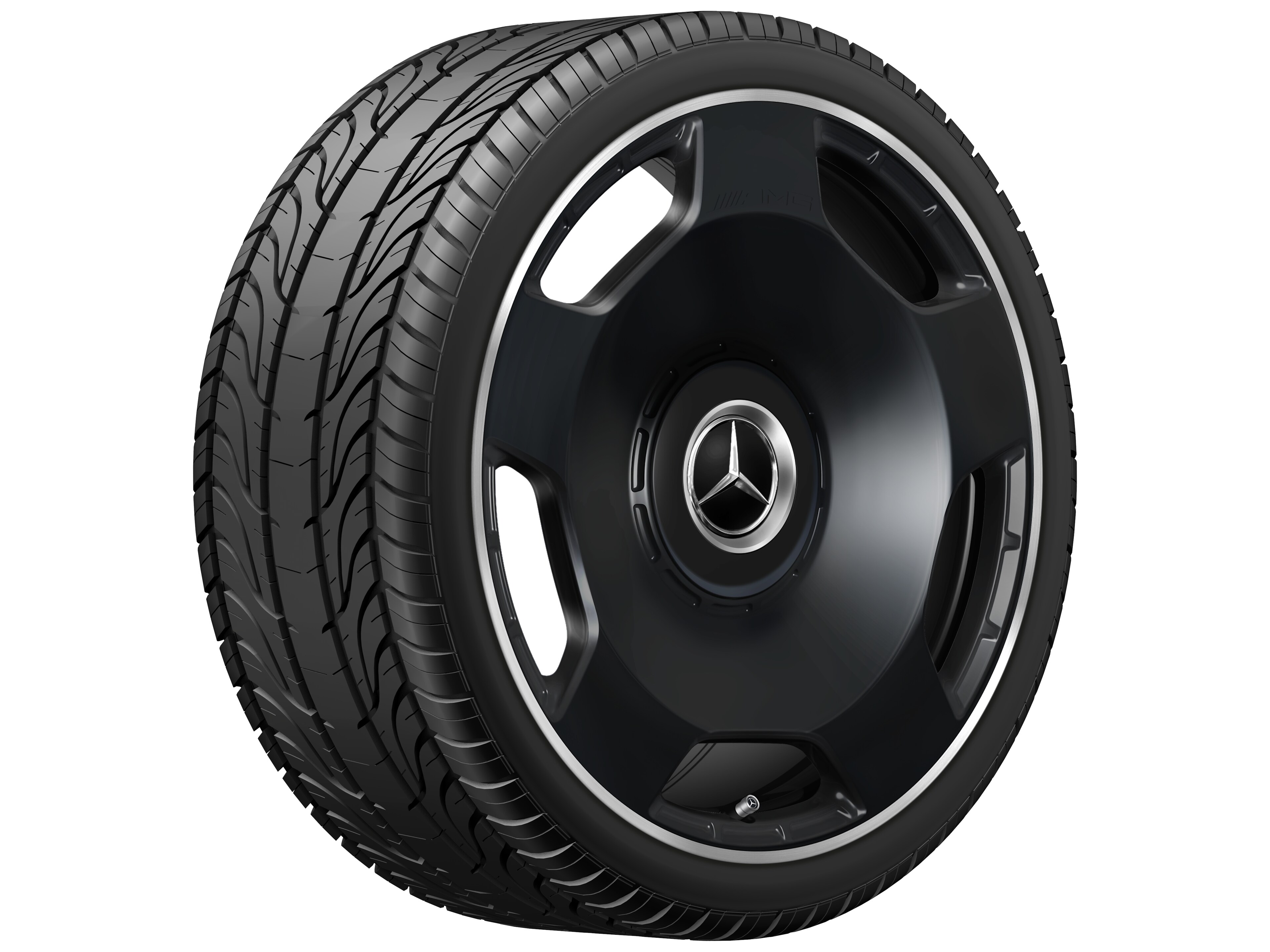 Llanta forjada AMG en diseño de 5 orificios, 55,9 cm (22 pulgadas), Pestaña de la llanta diamantada brillante - 10 J x 22 ET 36, negro mate, Pestaña de la llanta pulida a alto brillo