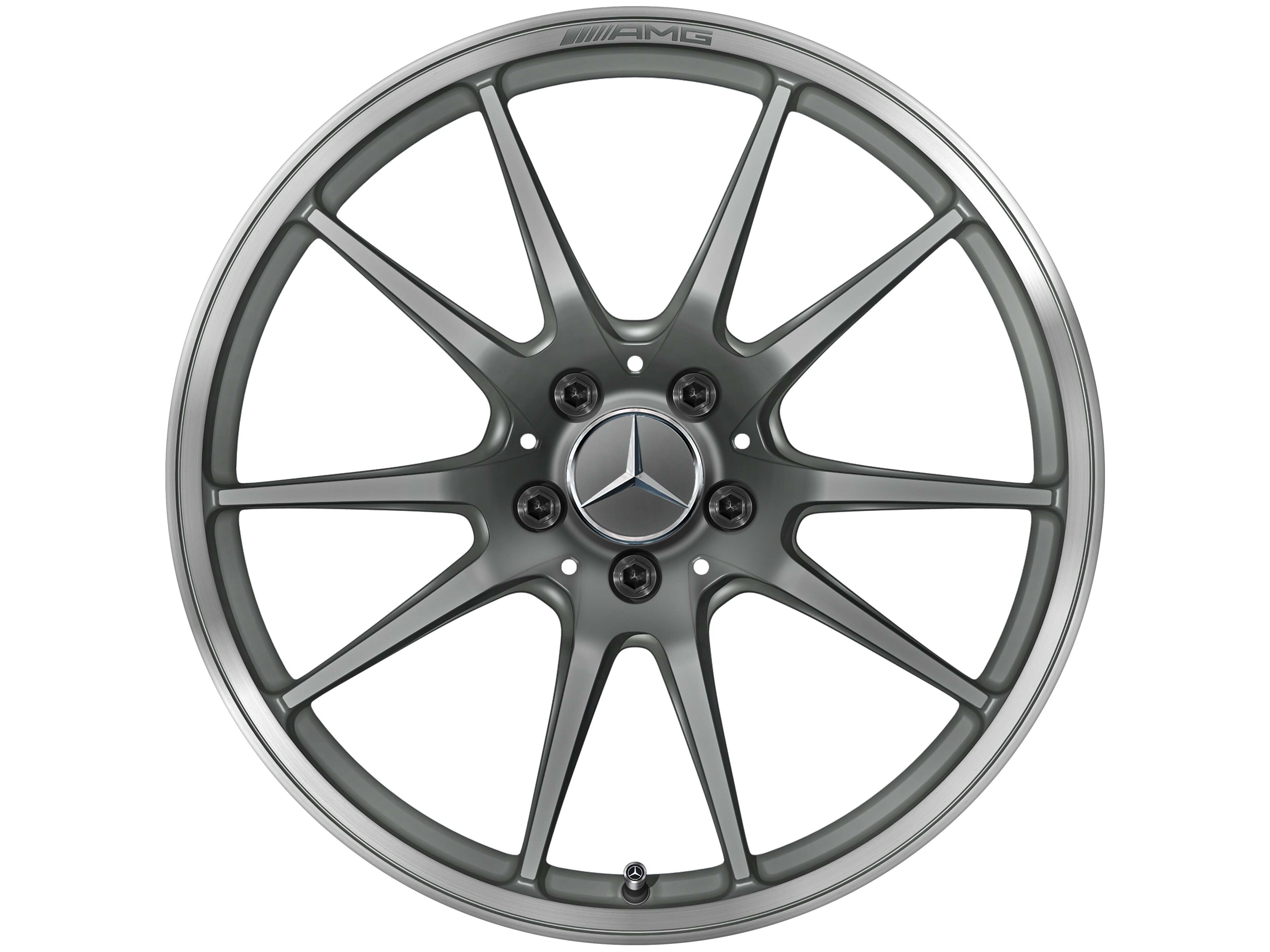 Llanta forjada AMG en diseño de 5 radios dobles, 50,8 cm (20 pulgadas), Pestaña de la llanta diamantada brillante - 12 J x 20 ET 52, gris titanio mate, Pestaña de la llanta pulida a alto brillo