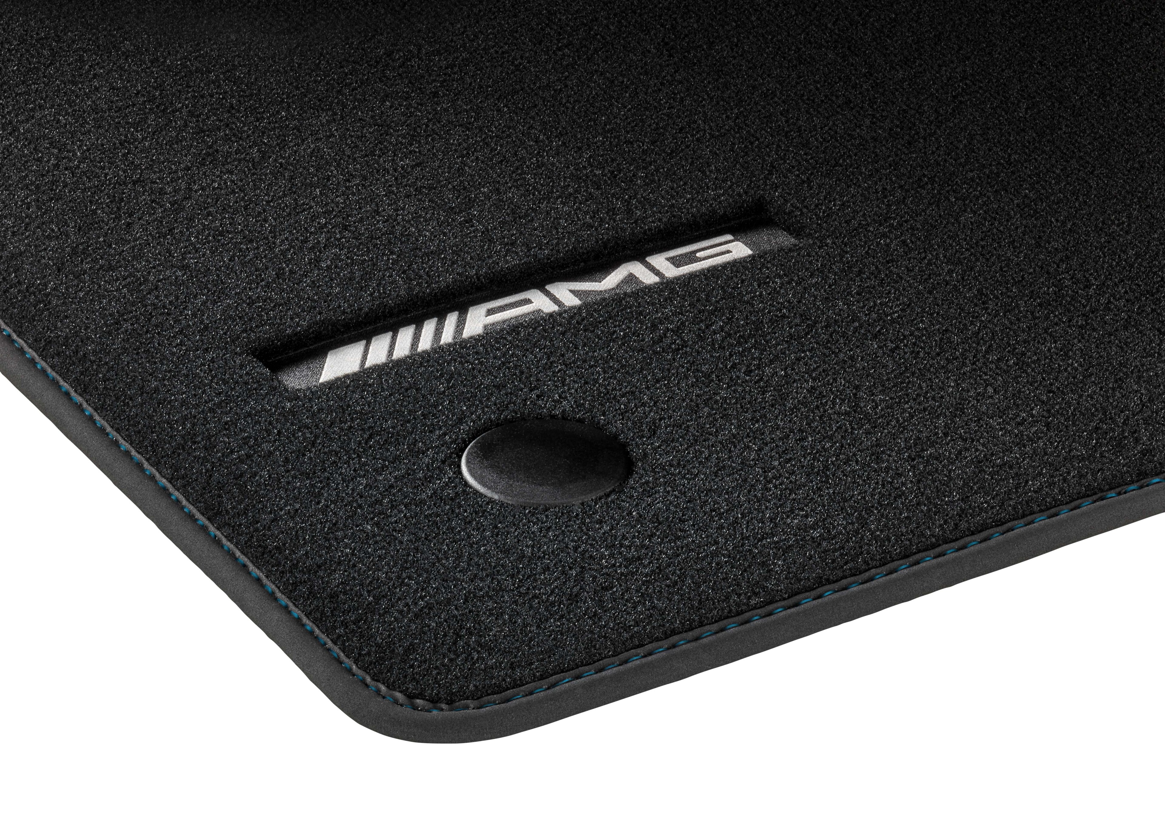 Alfombrillas AMG, Kit, 4 piezas, con logotipo AMG entretejido, Costura de adorno azul tekki - Dirección a la izquierda, negro
