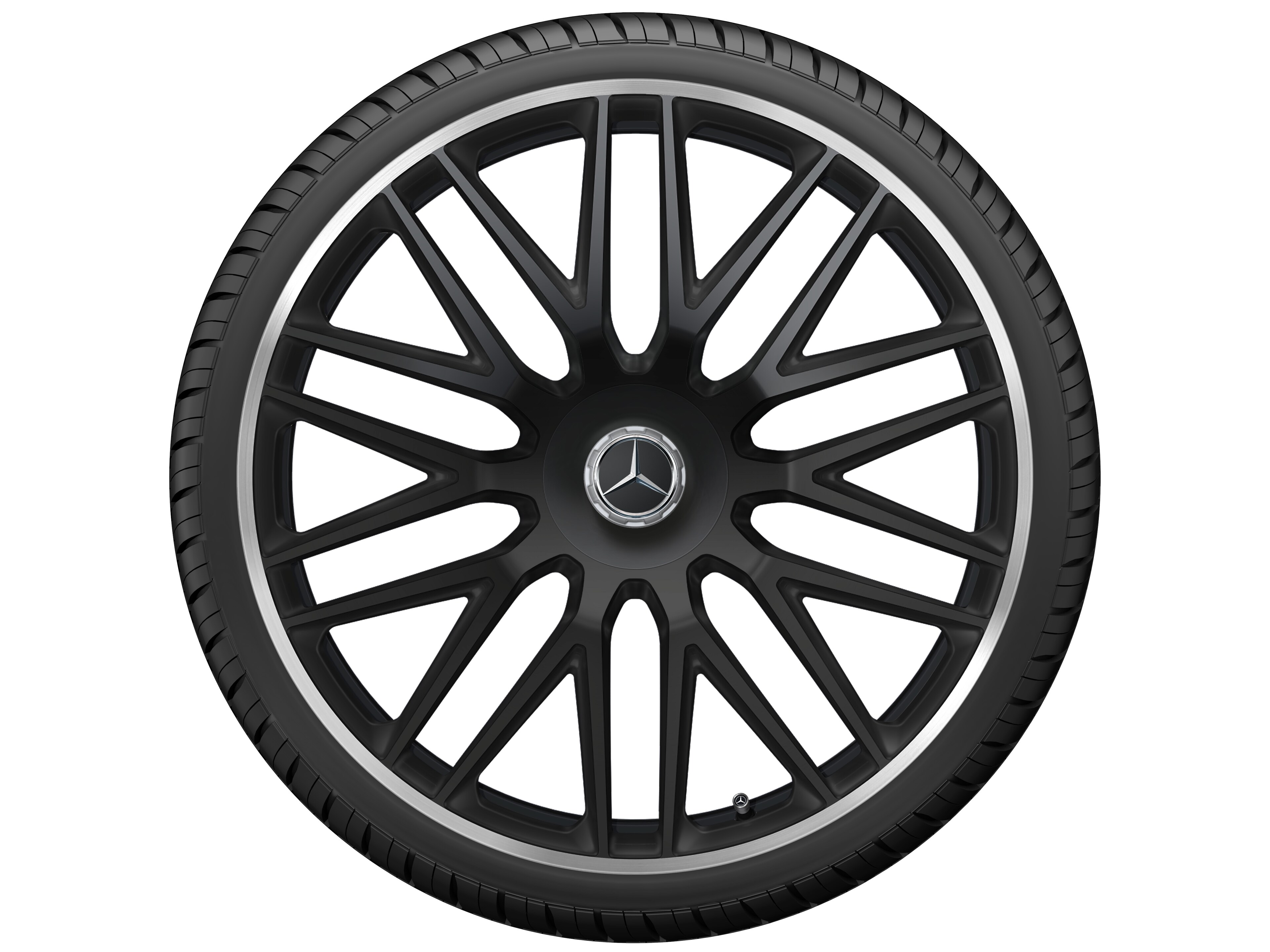 Llanta forjada AMG en diseño multirradio, 58,4 cm (23 pulgadas), Pestaña de la llanta diamantada brillante - 11,5 J x 23 ET 47, negro mate, Pestaña de la llanta pulida a alto brillo