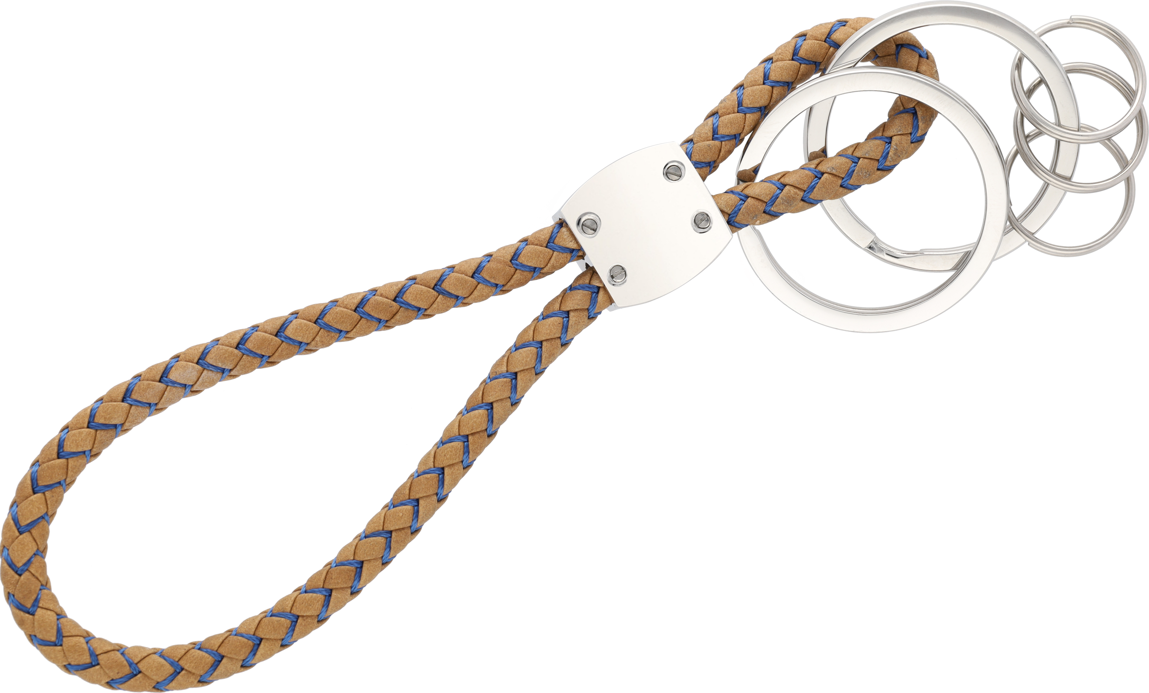 Llaveros, CLASSIC, Elegance - coñac / azul, Cuero bovino / Nailon / Acero inoxidable, pulido a alto brillo