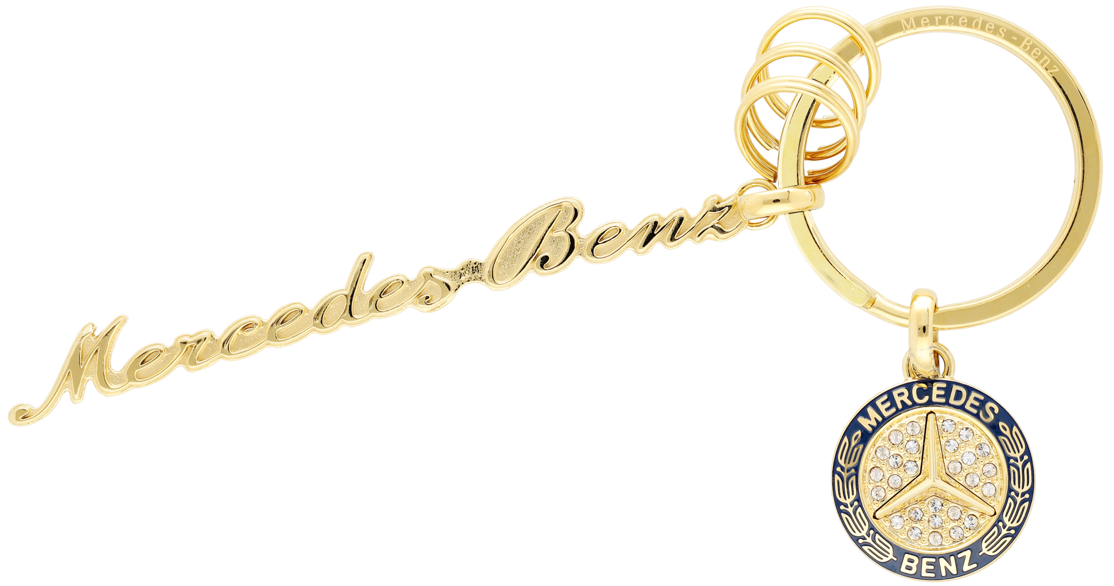 Llaveros, Distintivo Mercedes Classic - oro amarillo / azul, Acero inoxidable / Cristal, pulido